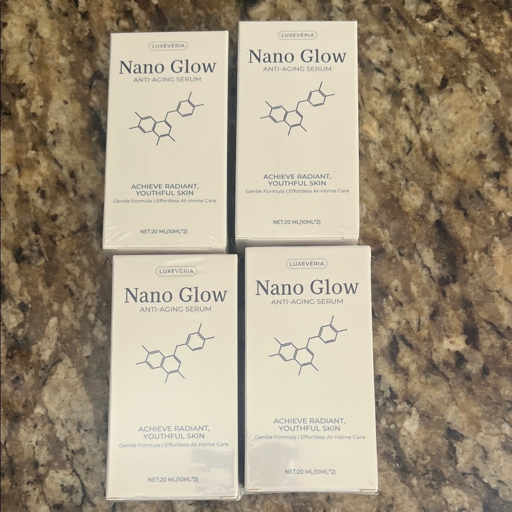 LuxeVéria Nano Glow Anti-Aging Serum — White & Navy Packaging (Includes 4 Boxes)